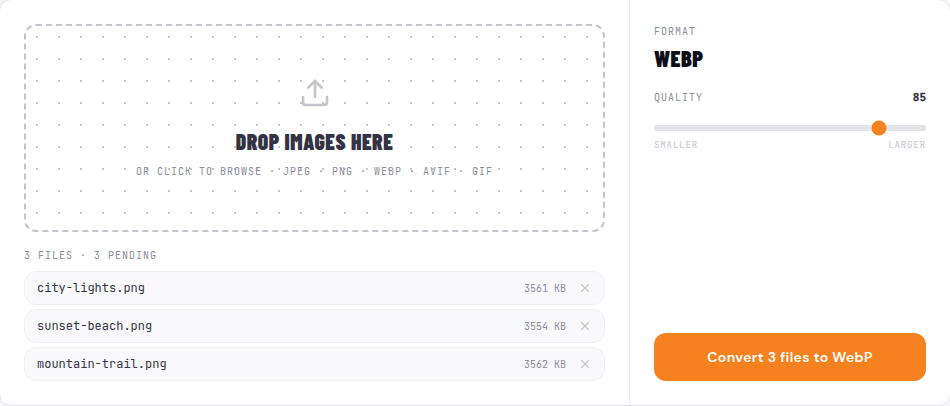 Several images queued in the converter with output set to WebP and the Convert to WebP button visible