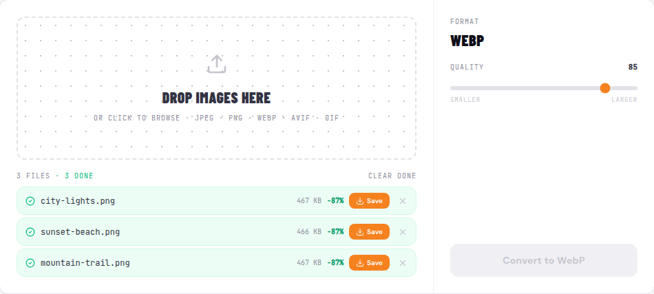 A finished WebP in the queue showing its new file size, a green percentage-smaller badge, and a Save button