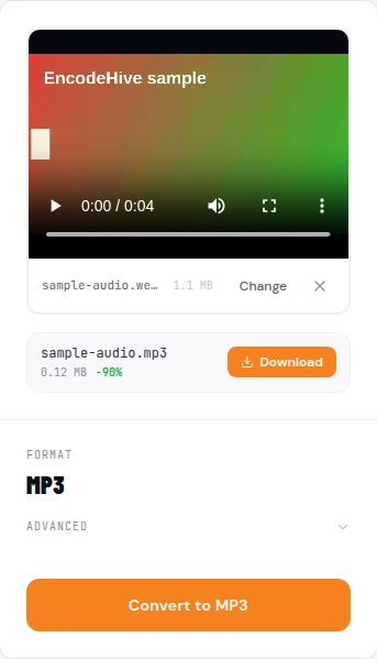 The finished MP3 with a green size-reduction badge and an orange Download button