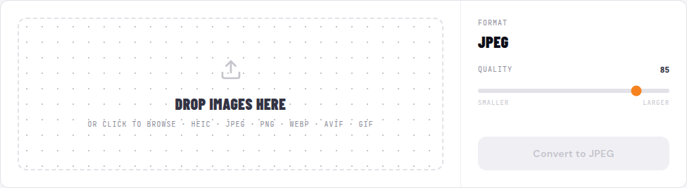 EncodeHive HEIC to JPG converter open in a browser, showing the drop zone and the JPEG quality controls