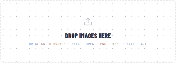Close-up of the drop zone reading Drop images here, or click to browse - HEIC, JPEG, PNG, WebP, AVIF, GIF