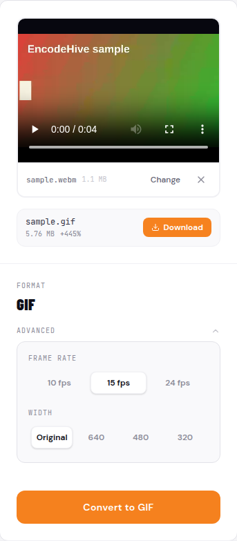 The finished GIF with a green size-reduction badge and a Download button