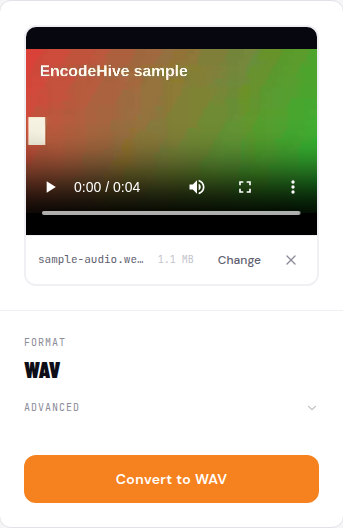 The converter with a loaded MP4 showing the file name, file size, output format set to WAV, and an orange Convert to WAV button