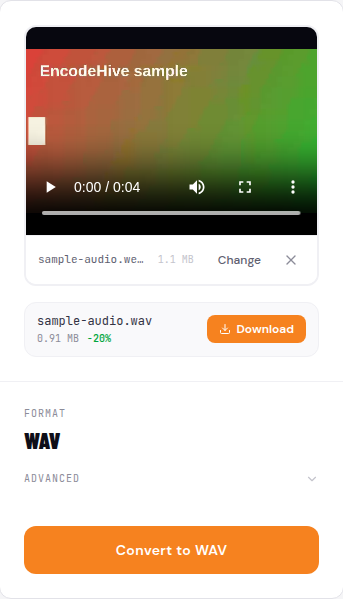 The finished WAV file with its new size badge and an orange Download button