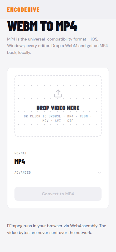 EncodeHive WebM to MP4 converter open in mobile Safari, showing the drop zone and Convert to MP4 button