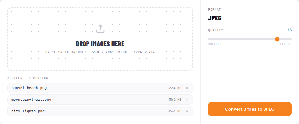 The converter with WebP files queued, the output format locked to JPEG, and the quality slider set to 85